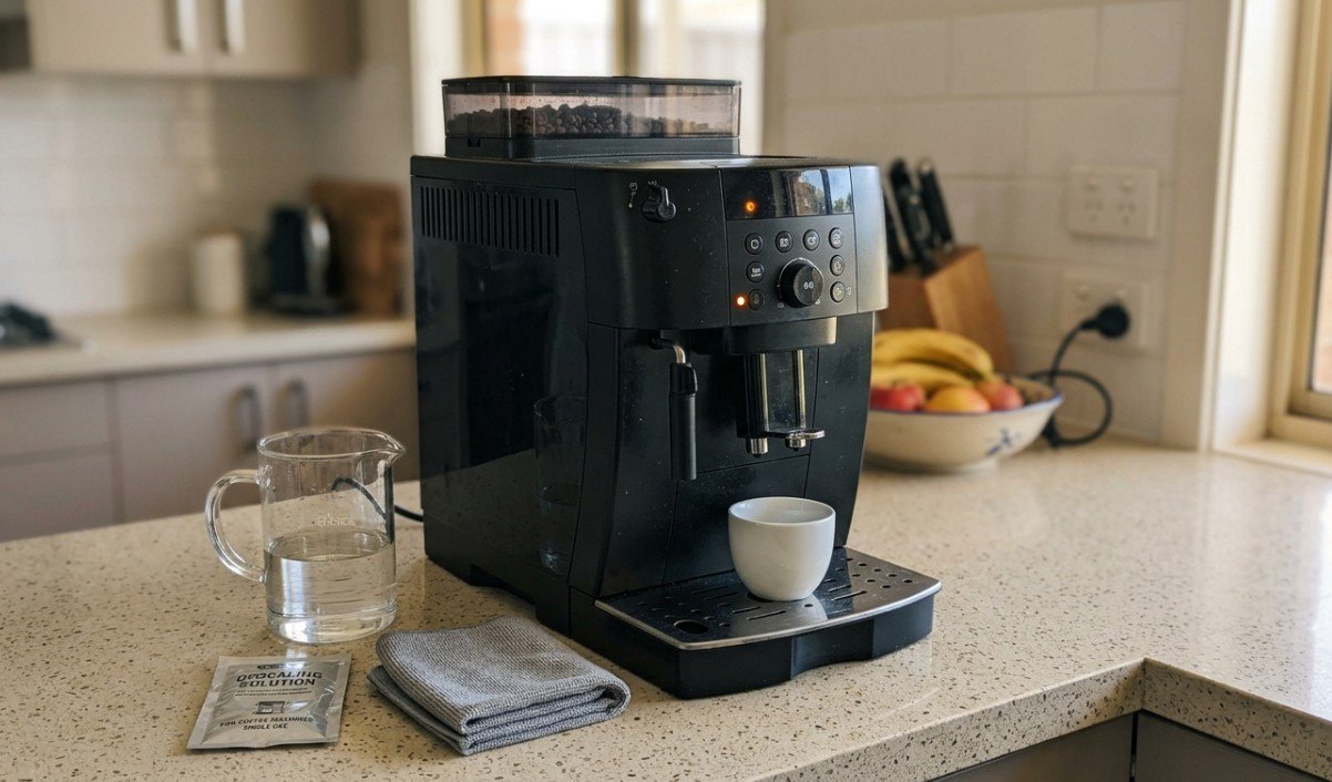DeLonghi bean-to-cup machine with its descale light on