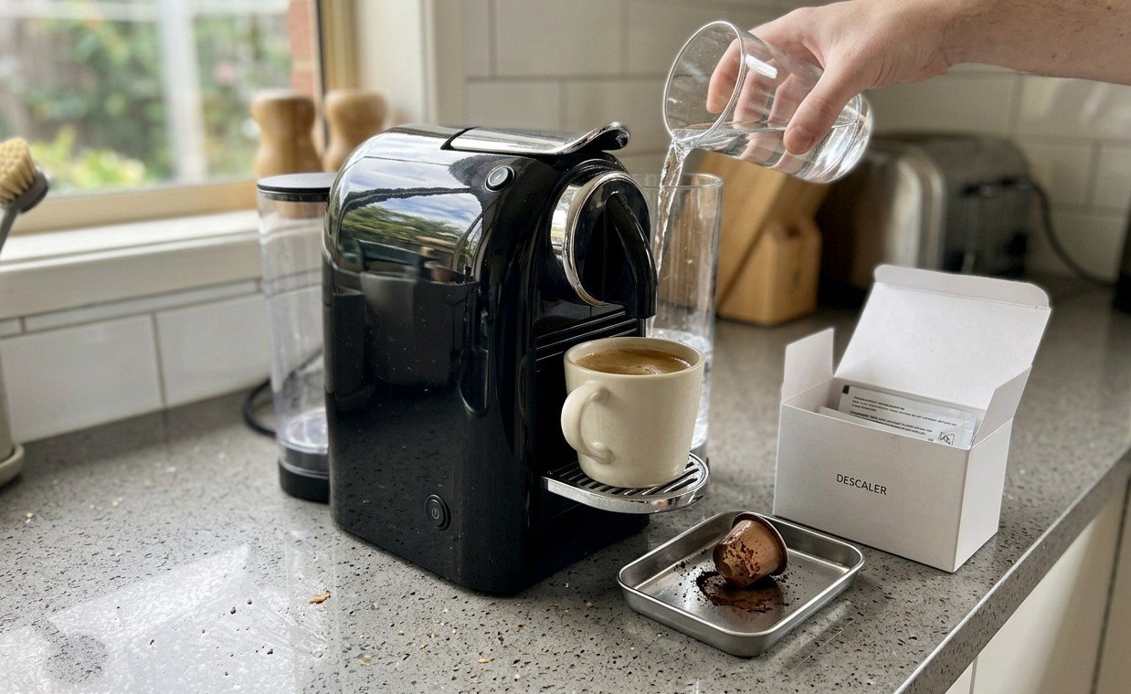 Descaling coffee machine on bench