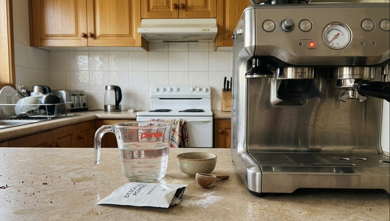 Descaling powder and water being prepared for a Breville espresso machine