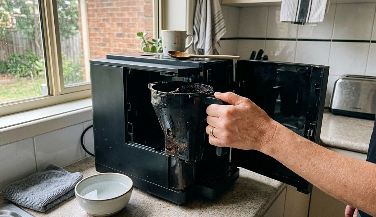 Removing the brewing unit from a DeLonghi machine for a water-only rinse