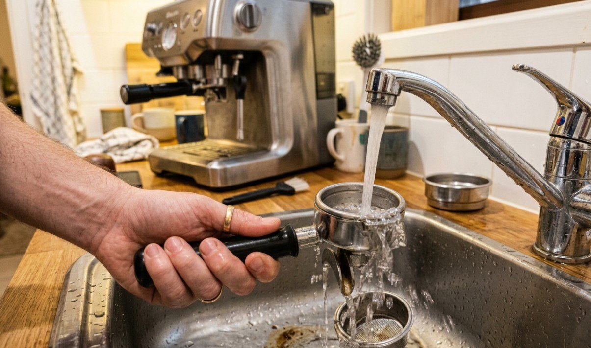 Rinsing a portafilter under the tap after use